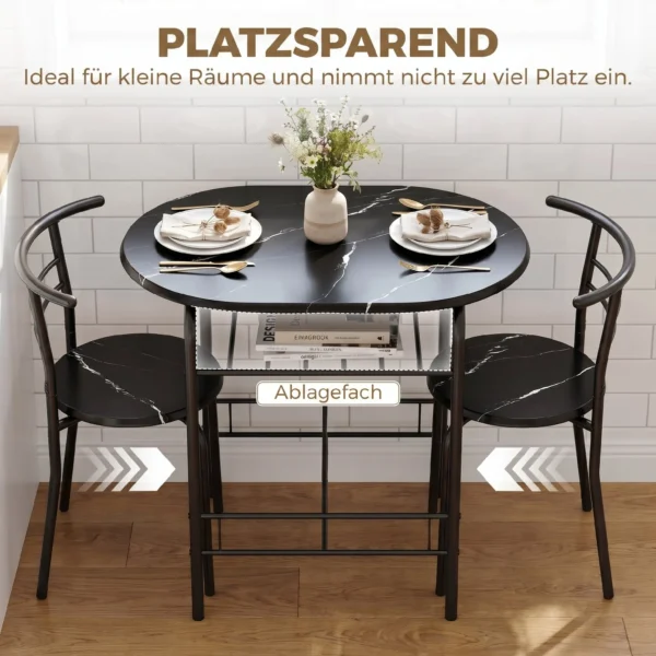 3 delige Eetgroep, Keukentafel En Stoelen Voor 2 Personen Met Rek, Woonkamer, Zwarte Marmer Look