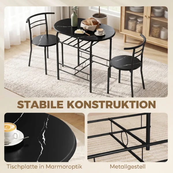 3 delige Eetgroep, Keukentafel En Stoelen Voor 2 Personen Met Rek, Woonkamer, Zwarte Marmer Look