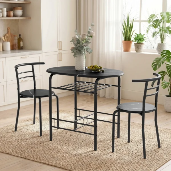 3 delige Eetgroep, Keukentafel En Stoelen Voor 2 Personen Met Rek, Woonkamer, Zwarte Marmer Look