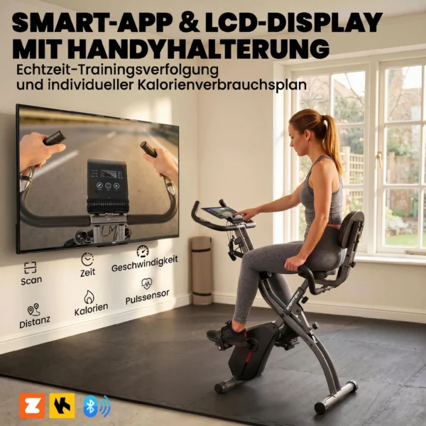 3 In 1 Hometrainer Fiets Opvouwbaar Stil Ligfiets Met LCD Monitor Bluetooth Hartslagsensor Weerstandsband