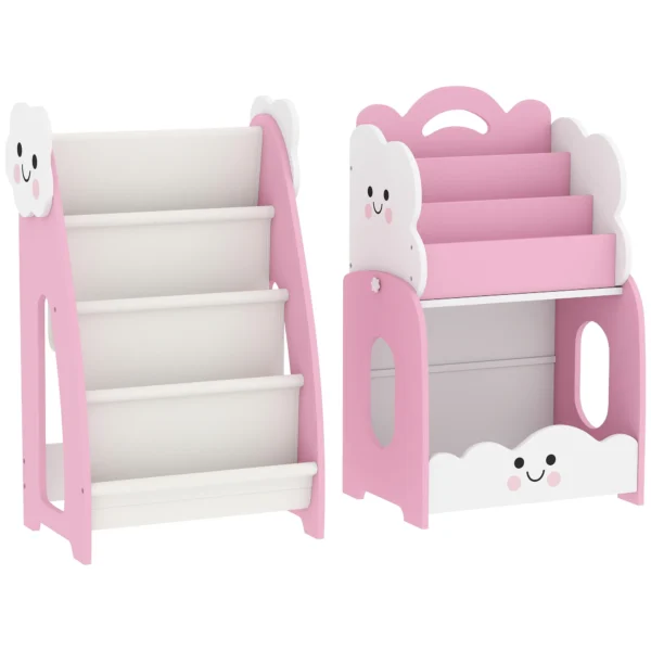 3 in 1 Kinderrek Met Speelgoedopslag, Modulair Boekenrek Met 4 Zakken & 3 Niveaus En Nachtkastje, Roze