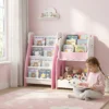 3 in 1 Kinderrek Met Speelgoedopslag, Modulair Boekenrek Met 4 Zakken & 3 Niveaus En Nachtkastje, Roze