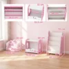 3 in 1 Kinderrek Met Speelgoedopslag, Modulair Boekenrek Met 4 Zakken & 3 Niveaus En Nachtkastje, Roze