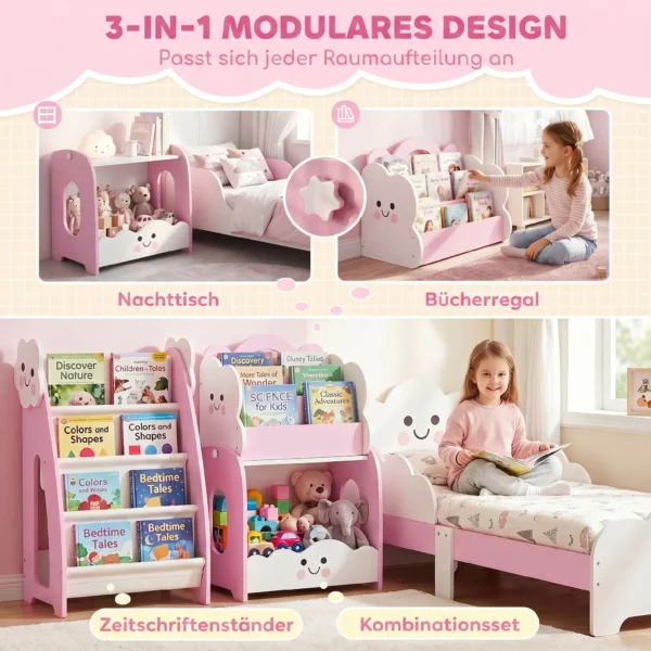 3 in 1 Kinderrek Met Speelgoedopslag, Modulair Boekenrek Met 4 Zakken & 3 Niveaus En Nachtkastje, Roze