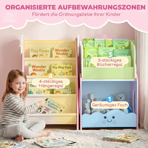 3 in 1 Kinderrek Met Speelgoedopslag, Modulair Boekenrek Met 4 Zakken & 3 Niveaus En Nachtkastje, Roze