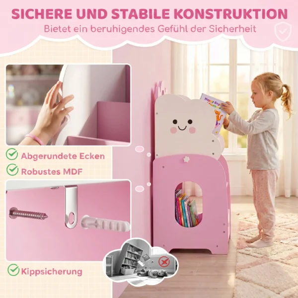3 in 1 Kinderrek Met Speelgoedopslag, Modulair Boekenrek Met 4 Zakken & 3 Niveaus En Nachtkastje, Roze