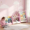 3 in 1 Kinderrek Met Speelgoedopslag, Modulair Boekenrek Met 4 Zakken & 3 Niveaus En Nachtkastje, Roze