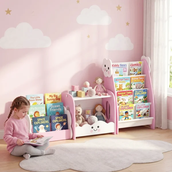 3 in 1 Kinderrek Met Speelgoedopslag, Modulair Boekenrek Met 4 Zakken & 3 Niveaus En Nachtkastje, Roze