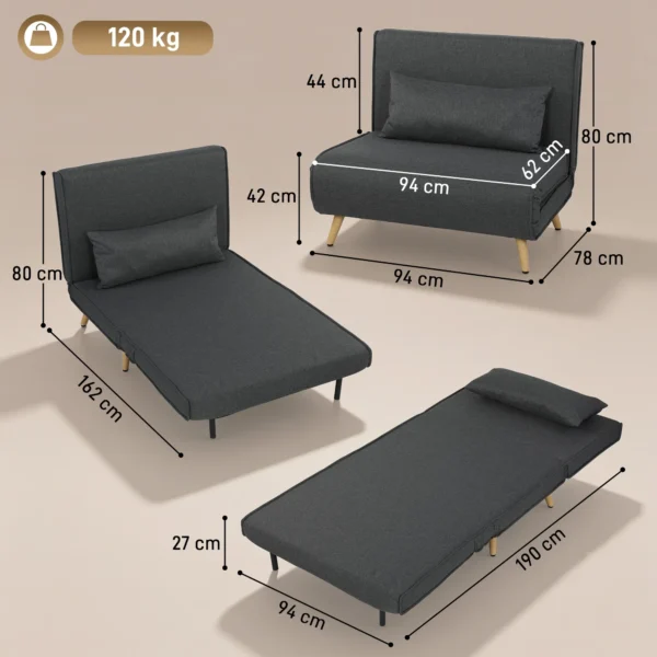 3 in 1 Opvouwbare Slaapstoel, Slaapfauteuil In Linnenlook Met Verstelbare Rugleuning En Dikke Bekleding, Grijs