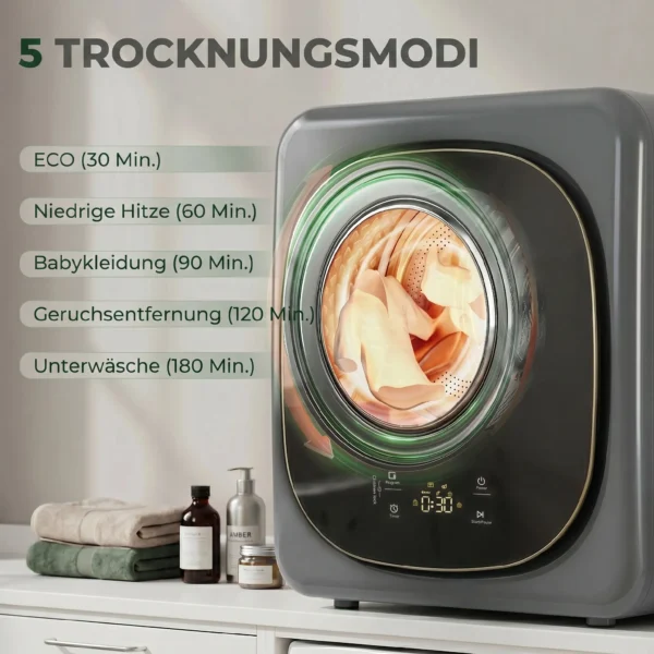 4 Kg Wasdroger, Compact Ontwerp, 5 Modi, Timer, Grijs+Zwart