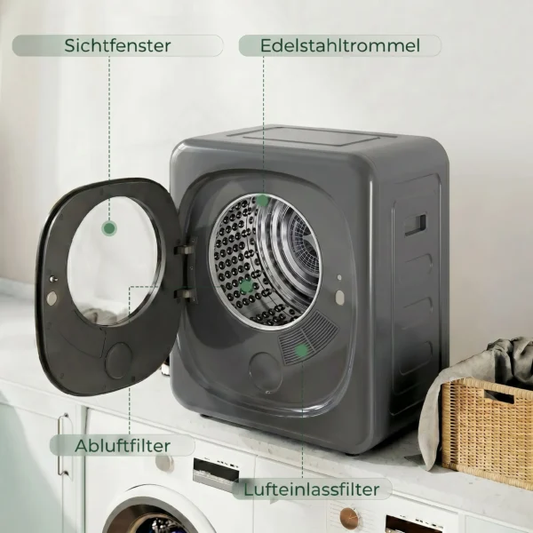 4 Kg Wasdroger, Compact Ontwerp, 5 Modi, Timer, Grijs+Zwart