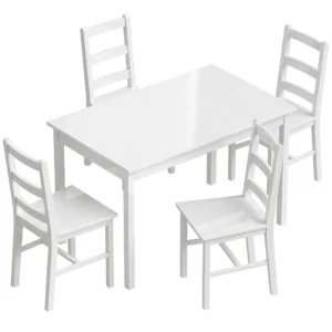 5 delig Eetkamerset Voor 4 Personen, Rechthoekige Eettafel En Stoelen Van Massief Hout, Voor Kleine Ruimtes, Wit