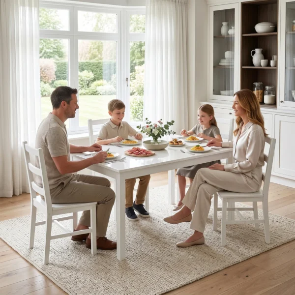 5 delig Eetkamerset Voor 4 Personen, Rechthoekige Eettafel En Stoelen Van Massief Hout, Voor Kleine Ruimtes, Wit