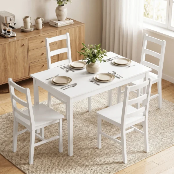 5 delig Eetkamerset Voor 4 Personen, Rechthoekige Eettafel En Stoelen Van Massief Hout, Voor Kleine Ruimtes, Wit