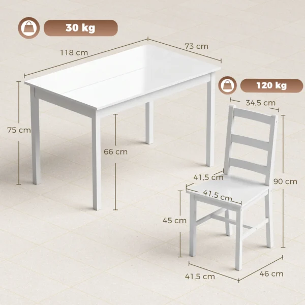 5 delig Eetkamerset Voor 4 Personen, Rechthoekige Eettafel En Stoelen Van Massief Hout, Voor Kleine Ruimtes, Wit