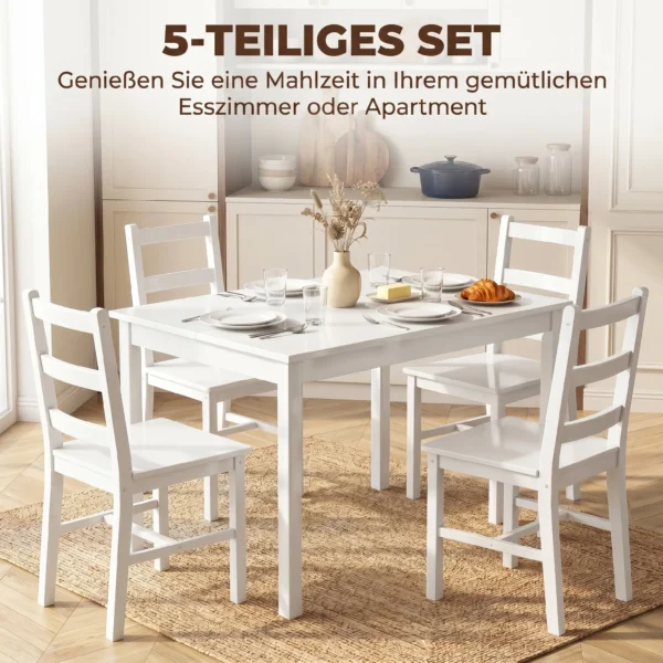 5 delig Eetkamerset Voor 4 Personen, Rechthoekige Eettafel En Stoelen Van Massief Hout, Voor Kleine Ruimtes, Wit