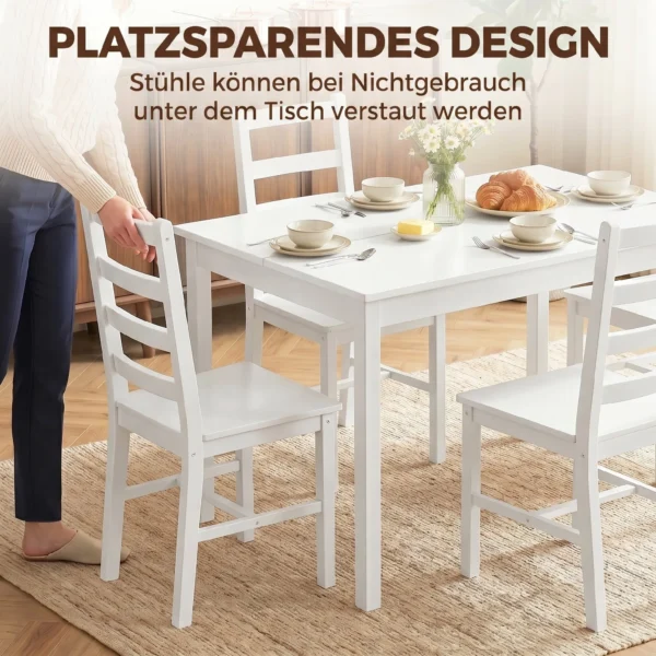 5 delig Eetkamerset Voor 4 Personen, Rechthoekige Eettafel En Stoelen Van Massief Hout, Voor Kleine Ruimtes, Wit