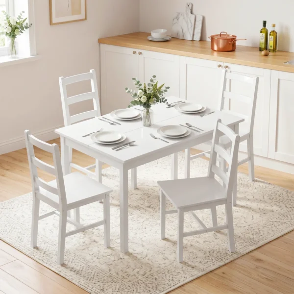 5 delig Eetkamerset Voor 4 Personen, Rechthoekige Eettafel En Stoelen Van Massief Hout, Voor Kleine Ruimtes, Wit