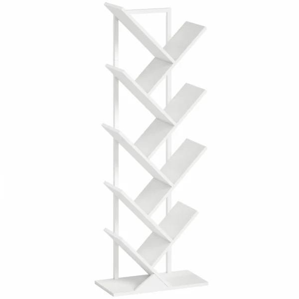 9 traps Boom Boekenkast, Vrijstaande Industriële Boekenkast Met Stalen Frame, Opbergunit Voor CD's, DVD's, Wit