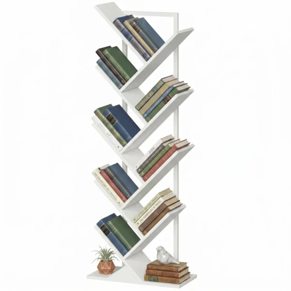 9 traps Boom Boekenkast, Vrijstaande Industriële Boekenkast Met Stalen Frame, Opbergunit Voor CD's, DVD's, Wit