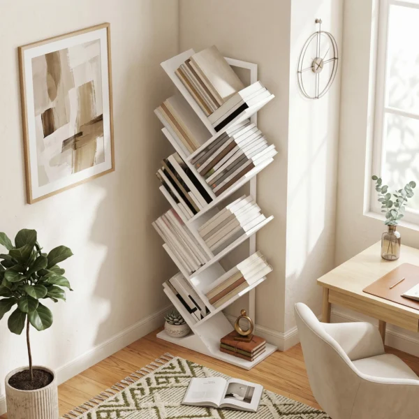9 traps Boom Boekenkast, Vrijstaande Industriële Boekenkast Met Stalen Frame, Opbergunit Voor CD's, DVD's, Wit