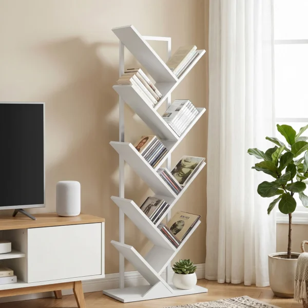 9 traps Boom Boekenkast, Vrijstaande Industriële Boekenkast Met Stalen Frame, Opbergunit Voor CD's, DVD's, Wit