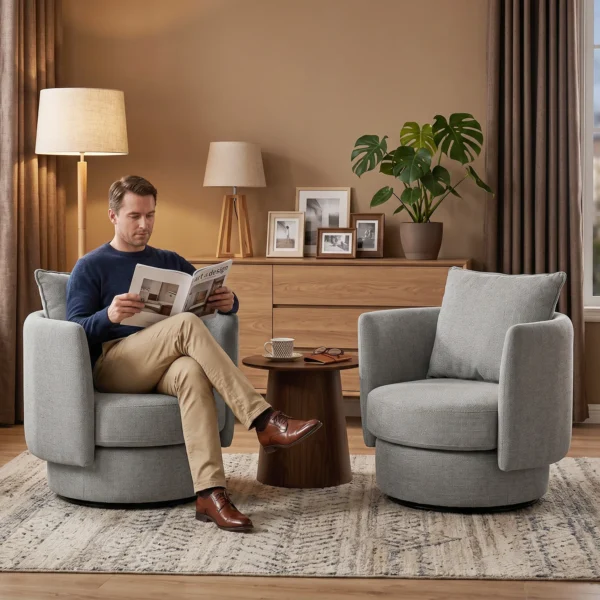 Accentstoel Met 360° Draaivoet, Vrijetijdsclubstoel, Stoffen Bekleding In Linnenlook, Met Kussen In Lichtgrijs