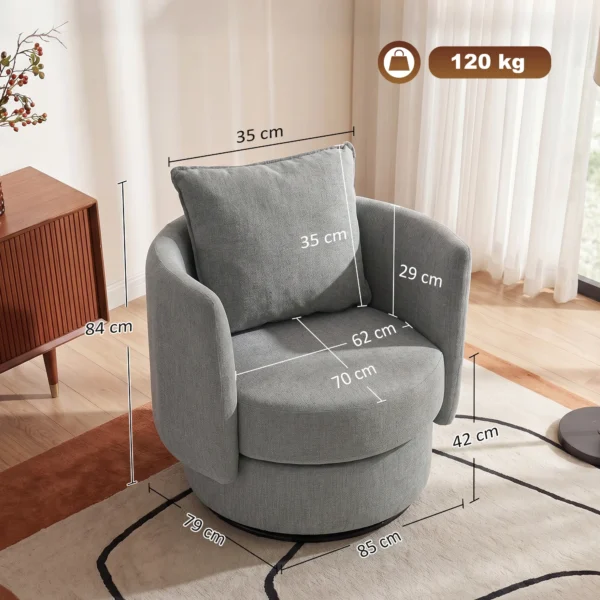 Accentstoel Met 360° Draaivoet, Vrijetijdsclubstoel, Stoffen Bekleding In Linnenlook, Met Kussen In Lichtgrijs