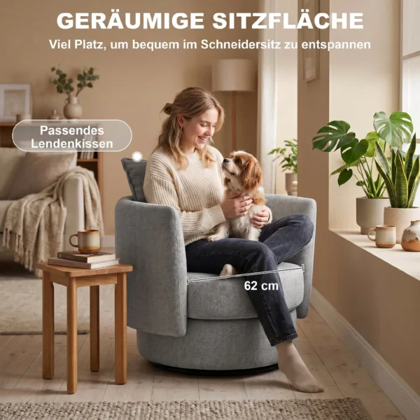 Accentstoel Met 360° Draaivoet, Vrijetijdsclubstoel, Stoffen Bekleding In Linnenlook, Met Kussen In Lichtgrijs