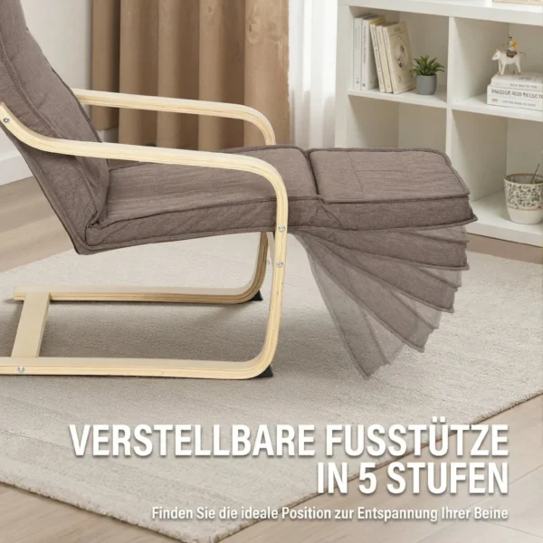 Accentstoel, Relaxstoel Met Verstelbaar Voetgedeelte, Berkenhouten Frame, Tot 120 Kg, 66,5 X 94 X 100 Cm, Bruin