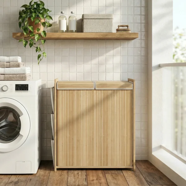 Bamboe Wasmand Met Afneembare Trekkoordzak En Zijopbergvakken, 120L, Natuur