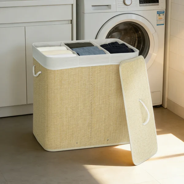 Bamboe Wasmand Met Deksel 3 Vakken 144L Wasverzamelaar Met Touwgrepen, Uitneembare Waszak