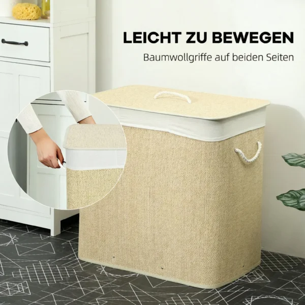 Bamboe Wasmand Met Deksel 3 Vakken 144L Wasverzamelaar Met Touwgrepen, Uitneembare Waszak