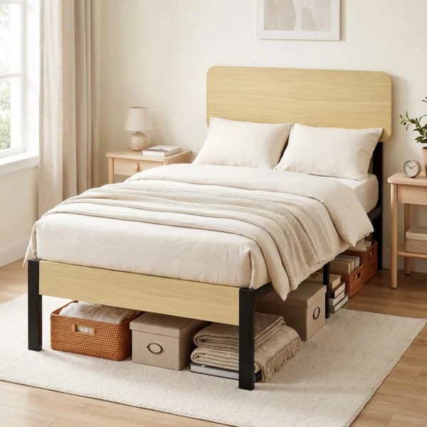 Bedframe 90 X 200 Cm Met Hoofdeinde, Platformbed, Eenpersoonsbed Met Opbergruimte Onder Het Bed