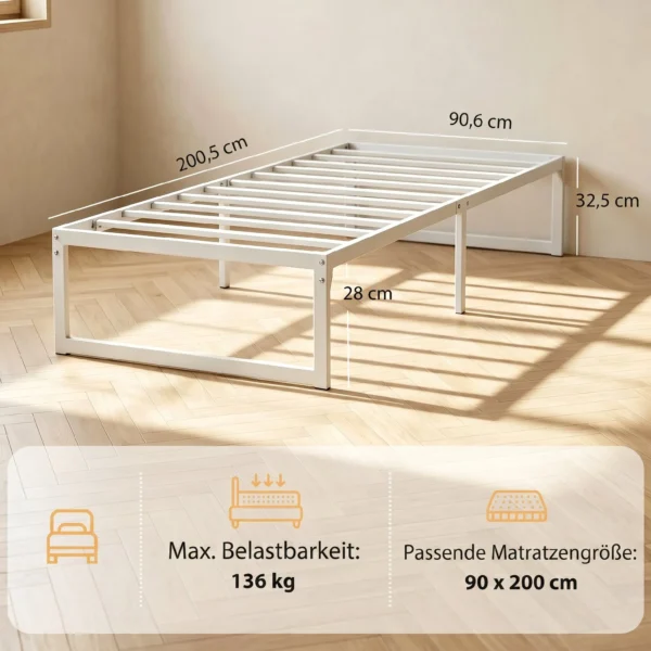 Bedframe Met Opbergruimte En Stalen Lattenbodem, 32,5 Cm Hoog, Geluidsarm, 200 X 90 Cm, Wit
