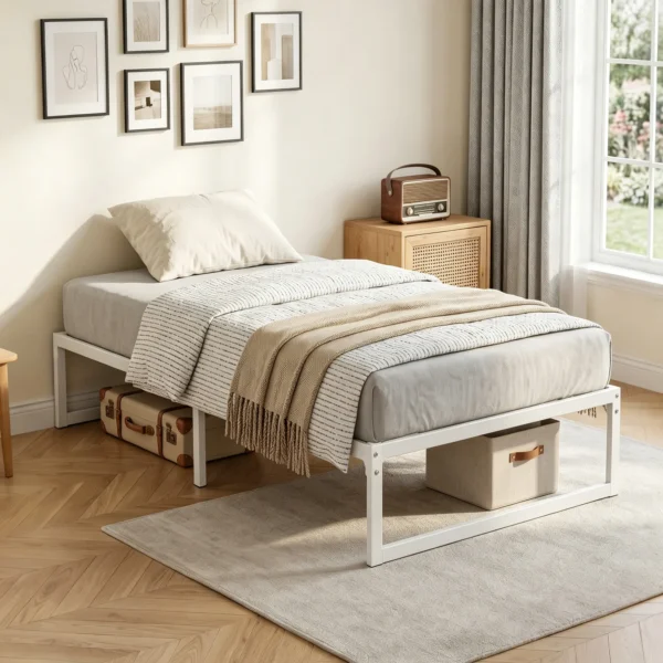 Bedframe Met Opbergruimte En Stalen Lattenbodem, 32,5 Cm Hoog, Geluidsarm, 200 X 90 Cm, Wit