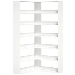 Boekenkast Met 7 Niveaus, L vormig Hoekrek Met Antislip Rugbescherming, Wit Met Houtlook