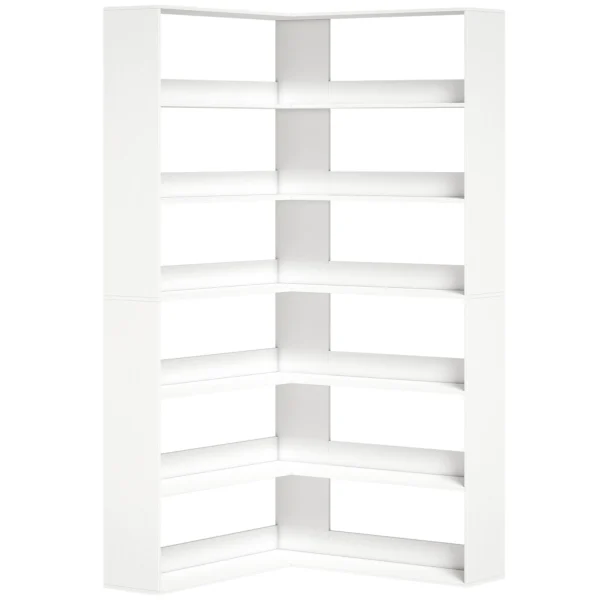 Boekenkast Met 7 Niveaus, L vormig Hoekrek Met Antislip Rugbescherming, Wit Met Houtlook