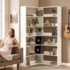 Boekenkast Met 7 Niveaus, L vormig Hoekrek Met Antislip Rugbescherming, Wit Met Houtlook