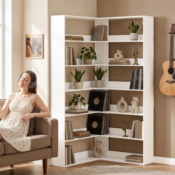 Boekenkast Met 7 Niveaus, L vormig Hoekrek Met Antislip Rugbescherming, Wit Met Houtlook