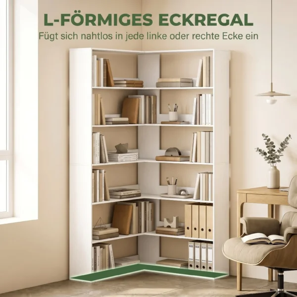 Boekenkast Met 7 Niveaus, L vormig Hoekrek Met Antislip Rugbescherming, Wit Met Houtlook