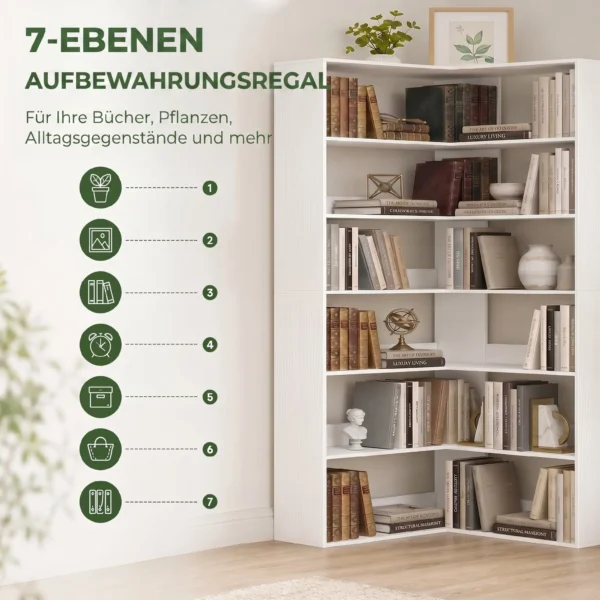 Boekenkast Met 7 Niveaus, L vormig Hoekrek Met Antislip Rugbescherming, Wit Met Houtlook