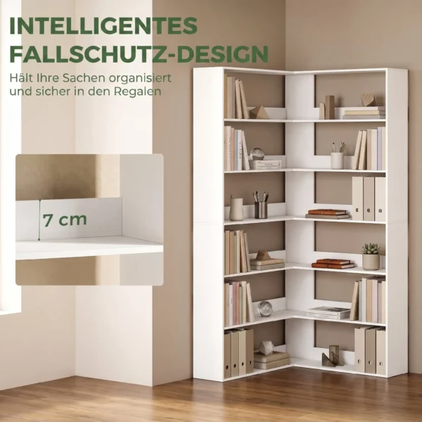 Boekenkast Met 7 Niveaus, L vormig Hoekrek Met Antislip Rugbescherming, Wit Met Houtlook