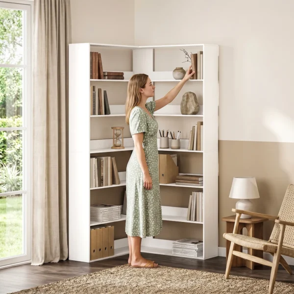 Boekenkast Met 7 Niveaus, L vormig Hoekrek Met Antislip Rugbescherming, Wit Met Houtlook
