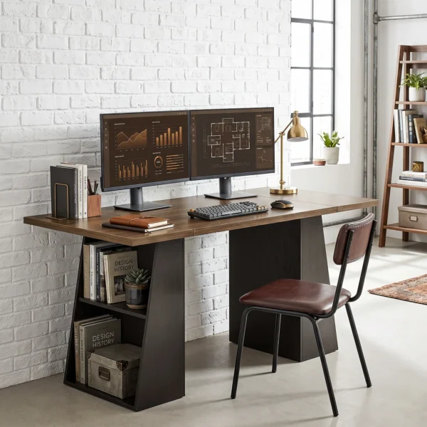 Bureau Met 4 Open Planken, Industrieel Ontwerp, 140 Cm, Bruin Zwart