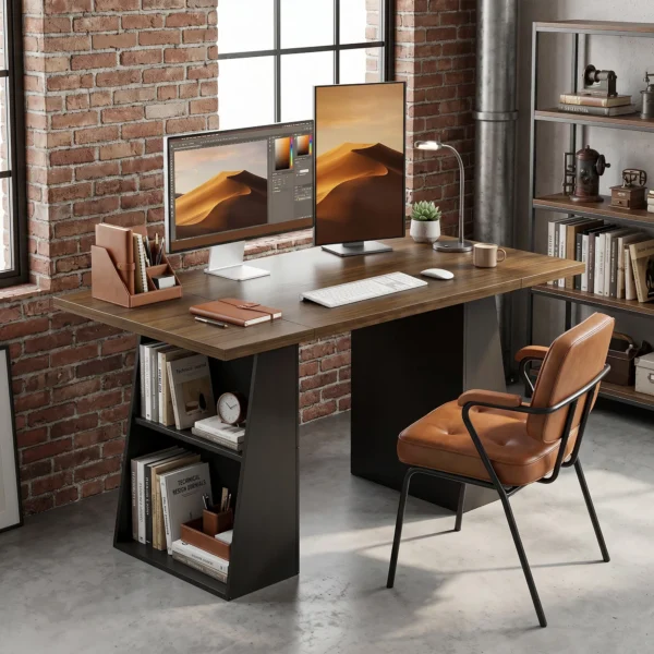 Bureau Met 4 Open Planken, Industrieel Ontwerp, 140 Cm, Bruin Zwart