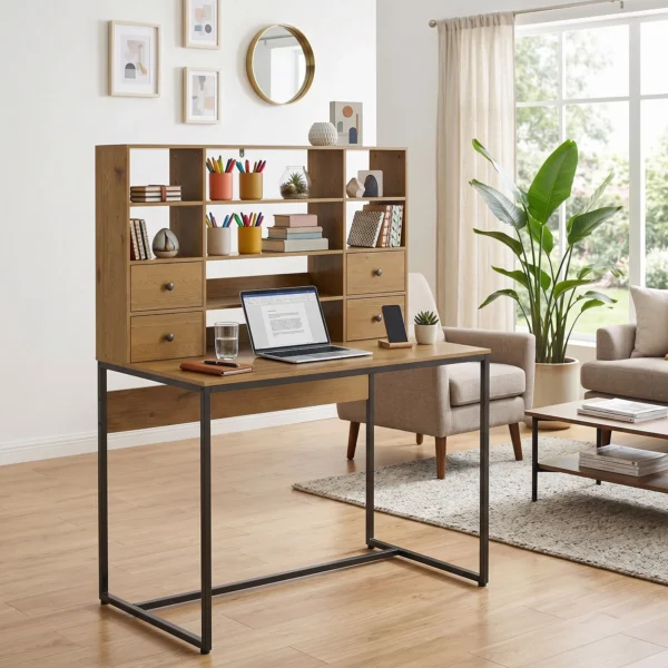 Computertafel Met 4 Lades En Planken, Bureau 105 Cm, Natuurhout