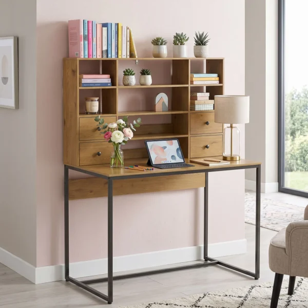 Computertafel Met 4 Lades En Planken, Bureau 105 Cm, Natuurhout