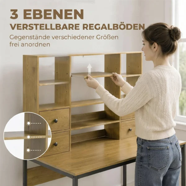 Computertafel Met 4 Lades En Planken, Bureau 105 Cm, Natuurhout