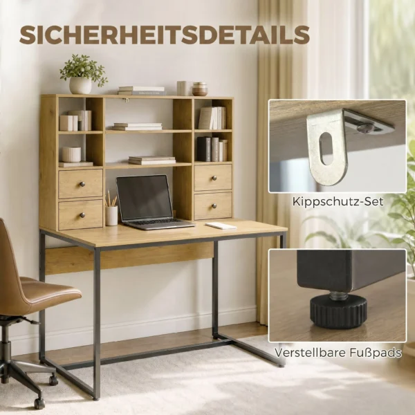 Computertafel Met 4 Lades En Planken, Bureau 105 Cm, Natuurhout